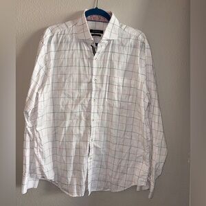 Bugatchi White and Red Grid Pattern Shirt